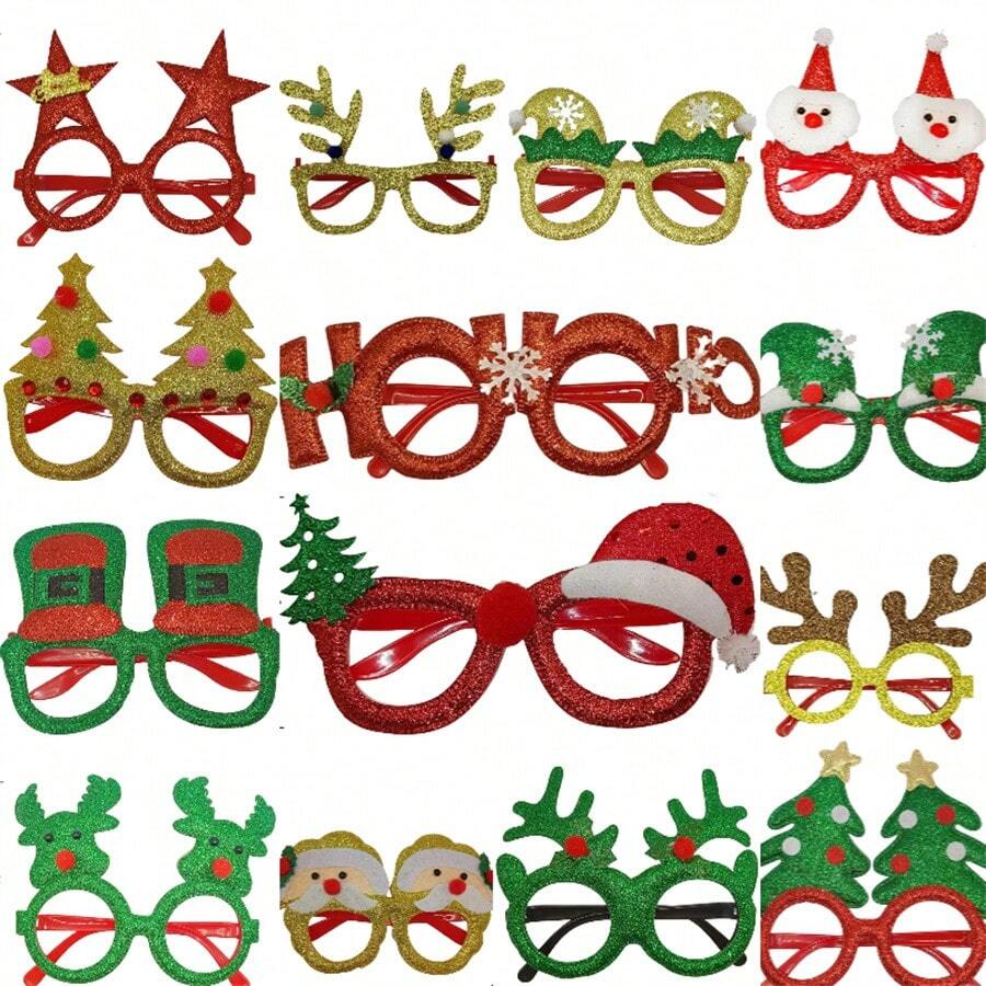 14pcs/Set Random Style Christmas Glasses, Christmas Glasses Set, Holiday Party Supplies, Photo Props, Holiday Decorations