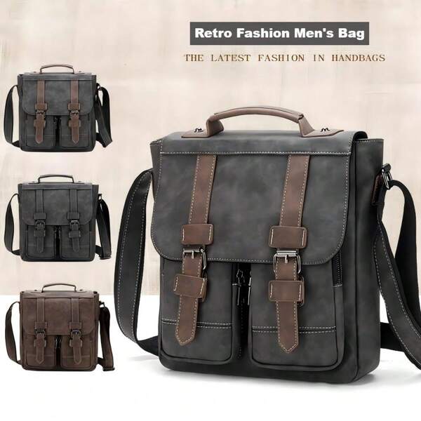 Borsa a tracolla retrò di stile europeo e americano , nuova borsa a spalla casual da uomo per viaggi, grande capacità, semplice e resistente, borsa a tracolla in pelle PU, borsa da uomo