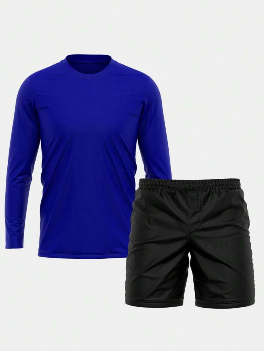 Men's Long Sleeve UV Sun Protection T-Shirt Kit Blue + Plain Black Tactel Bermuda Shorts - 彩色 - 查看 1