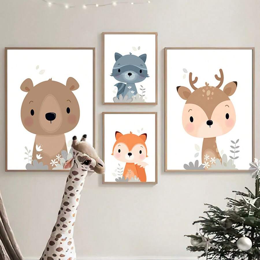 Cartoon Tier Wandkunst Dekoration, nordische süße Fuchs, Hirsch, Hase Gemälde für Kinderzimmer, Wohnzimmer, Schlafzimmer, Kinderzimmer (ohne Rahmen)