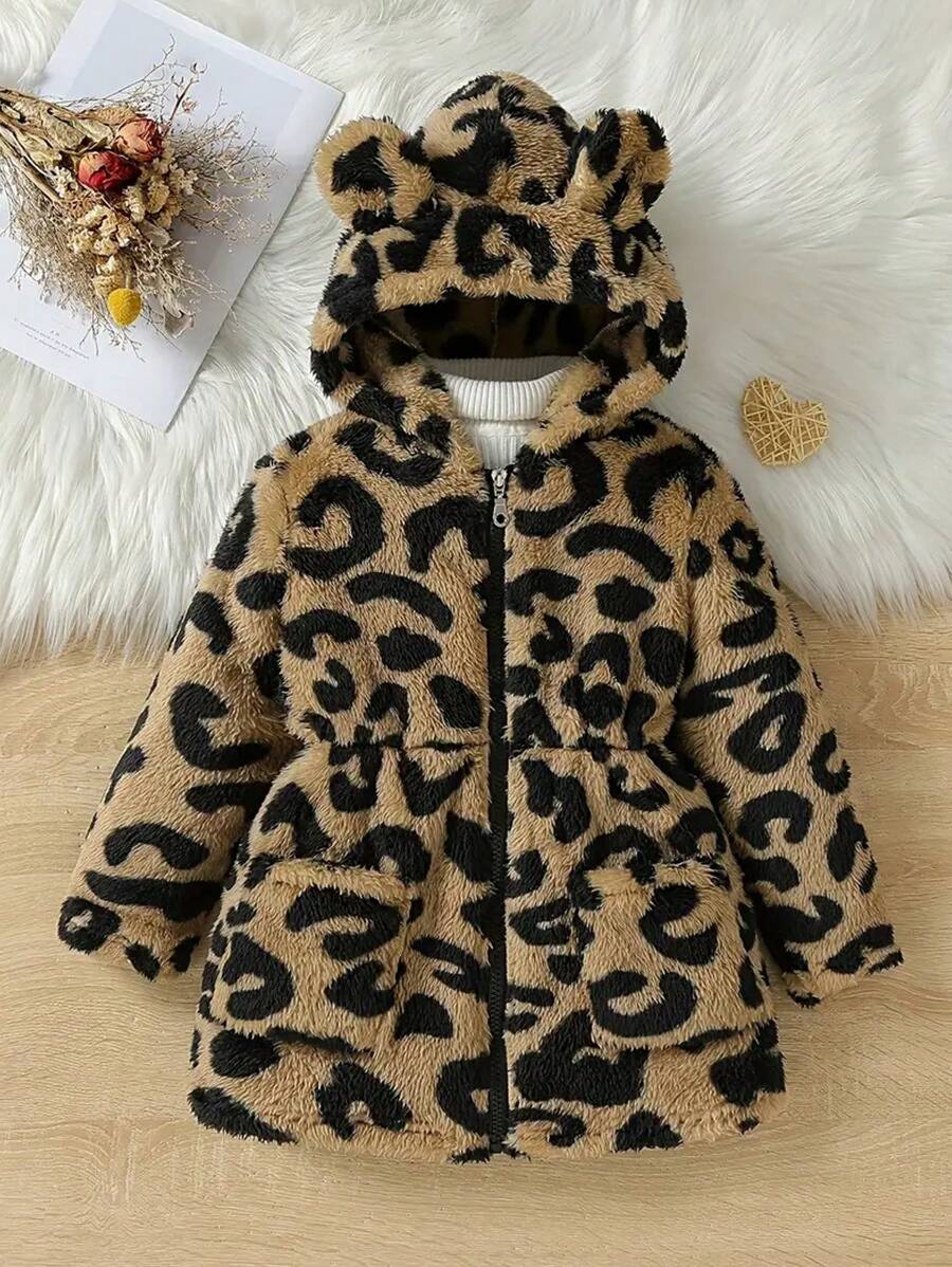 Young Girl Leopard Print Warm Winter Jacket With Cute Bear Ear Hood, Zipper Closure And Pockets, Thick And Insulated - Coffee Brown - View 1