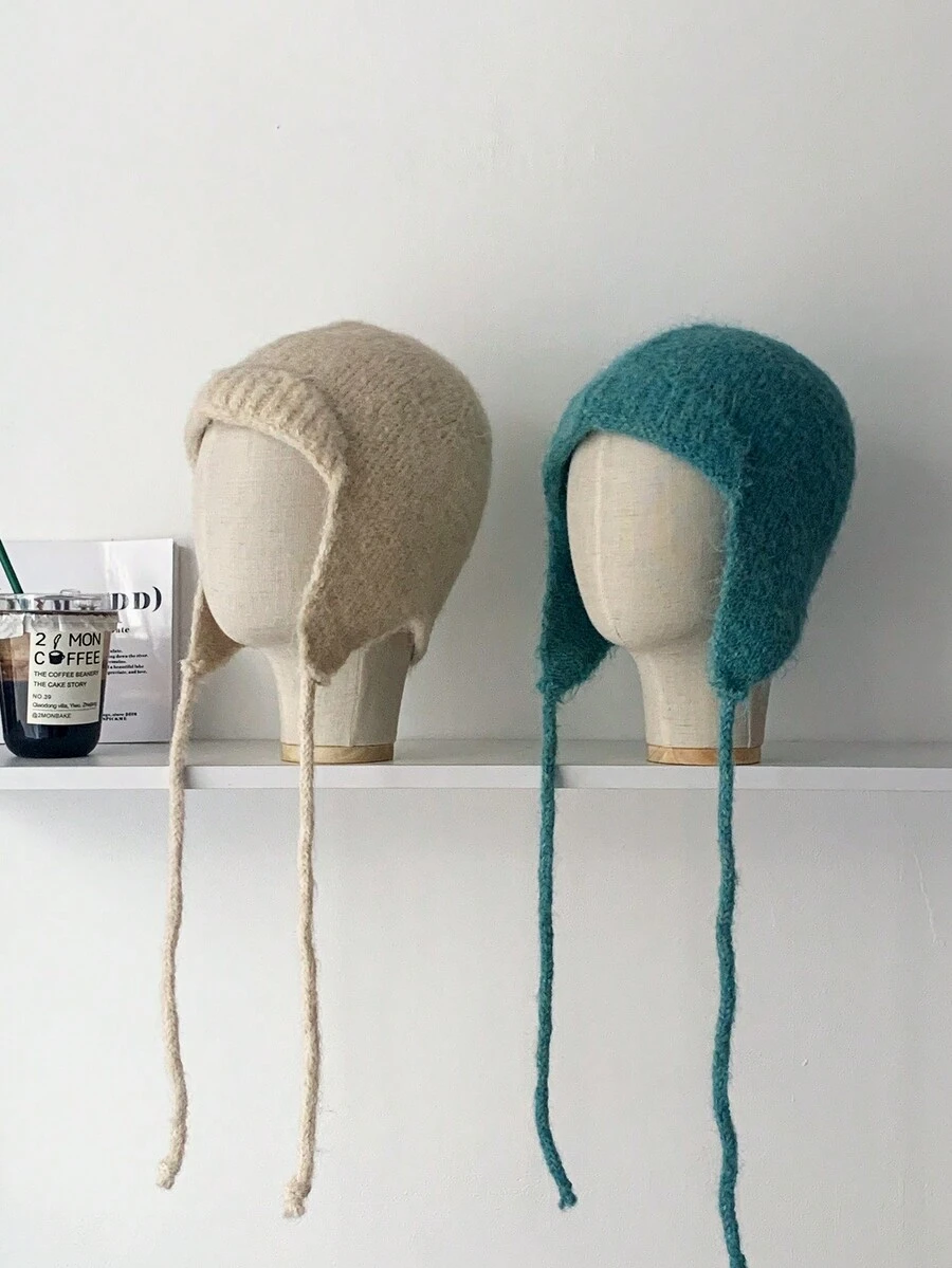 1pc Knit Hood Beanie Hat For Women, Winter, Niche, Flattering, Tie-Up Ear Warmer, Warm, Petite Trapper Hat, Lake Green