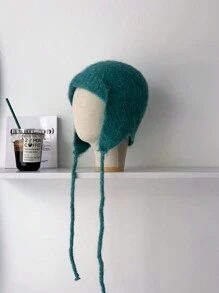 1pc Knit Hood Beanie Hat For Women, Winter, Niche, Flattering, Tie-Up Ear Warmer, Warm, Petite Trapper Hat, Lake Green