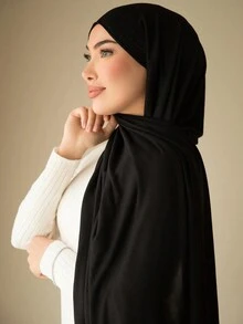 1件女款簡約經典純色優雅休閒圍巾，高級針織莫代爾針織布希賈布頭巾，長款頭巾，適合日常穿著、旅行與聚會 - 黑色 - 查看 3