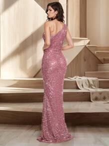 HOMEYEE 性感不对称领口镂空亮片礼服，优雅正式晚会礼服，婚礼宾客礼服，舞会礼服 - 粉色 - 查看 2