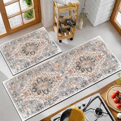 1pc Bohemian Super Soft Microfiber Velvet Kitchen Mat, Non-Slip Farmhouse Cushioned Anti-Fatigue Kitchen Rug, Colorful Boho Kitchen Floor Mat For Wood Floors, Standing Comfort, Multiple Sizes Available, Home Decor, Indoor Entrance Doormat