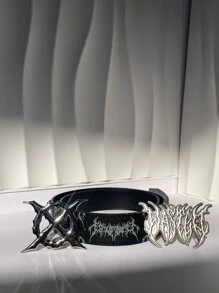 黑色复古铆钉全印花刀扣加大码男士腰带，哥特朋克嘻哈合金扣PU皮革，百搭时尚街头风配饰，适合日常夏季、秋季上学、万圣节秋冬等场合，适合青少年、青年、男士，休闲、户外、运动、度假、毕业礼物、生日礼物、日常穿着 - 黑色 - 查看 5