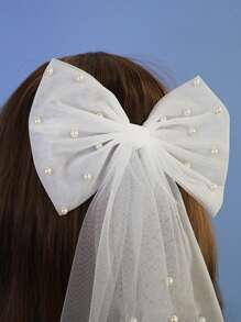 1 件女士长流苏蝴蝶结和仿珍珠和网状装饰发夹适合婚礼派对可爱情人节情人爪夹发夹发夹，学校用品，优雅，学院，珍珠发饰，蝴蝶结 - 白色 - 查看 4