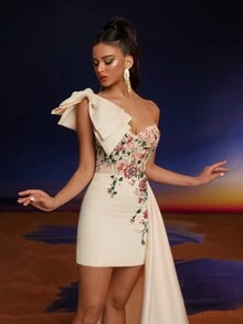 Anymoon Women Floral Applique Bow Shoulder Cocktail Dress Party Dress Wedding Guest Dress