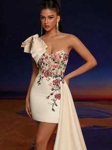 Anymoon Women Floral Applique Bow Shoulder Cocktail Dress Party Dress Wedding Guest Dress