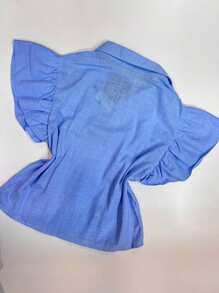 ISA FASHION Imported Linen Short Sleeve Shirt/Button/Women - 藍色 - 查看 2