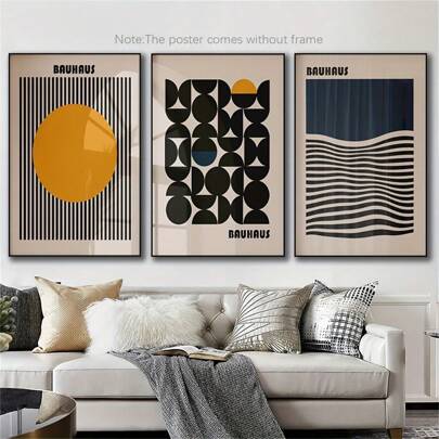Set Of 3 Art Deco Geometric Posters - Bauhaus Style Minimalist Canvas Wall Art Prints For Home Office, Living Room, Bedroom - Fashion Theme Indoor Wall Decor, Portrait Orientation, Frameless - Ideal For Art Lovers And Contemporary Home Decor - Unframed Gifts Birthday Graduation