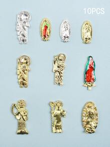 5PCS/6槽，18PCS/7槽，21PCS/7槽，28PCS/7槽金色底座3D立体绿衣耶稣图案混合美甲装饰，DIY立体美甲用品 - 彩色 - 查看 15