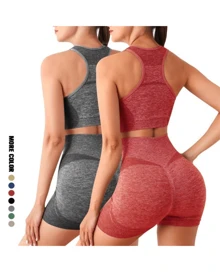 Women's Gym Fitness Set Leggings 1 Top 1 Shorts Butt Lifter Seamless And Padded - Nhiều màu - Xem 2