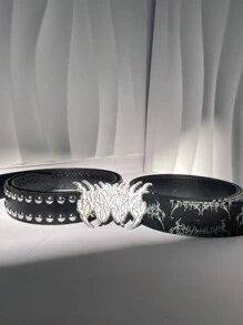 黑色复古铆钉全印花刀扣加大码男士腰带，哥特朋克嘻哈合金扣PU皮革，百搭时尚街头风配饰，适合日常夏季、秋季上学、万圣节秋冬等场合，适合青少年、青年、男士，休闲、户外、运动、度假、毕业礼物、生日礼物、日常穿着 - 黑色 - 查看 4