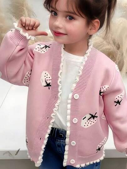 M.Dian xi Cardigan de Gola V para Meninas, Versão Coreana Nova 2025 de Primavera e Outono das Crianças com Laço e Morango, Agasalho Quente de Inverno para Meninas Jovens