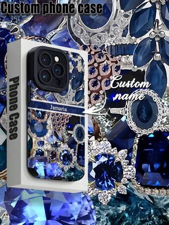 Funda de teléfono azul personalizable con Apple con un elaborado patrón de piedras preciosas, personalizable con letras, nombres, apodos, compatible con iPhone, funda suave de TPU a prueba de caídas, arañazos y huellas digitales con rayas verticales de PU, una elección sensata para regalo personal, de pareja, familia, amigo, mejor amigo, cumpleaños, aniversario