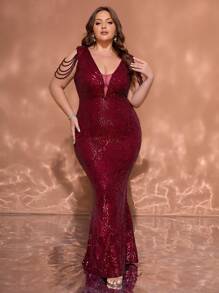 Deep Red V-Neck Sleeveless Sparkly Cinched Waist Floor Length Plus Size Evening Gown - Burgundy - View 4
