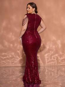 Deep Red V-Neck Sleeveless Sparkly Cinched Waist Floor Length Plus Size Evening Gown - Burgundy - View 7
