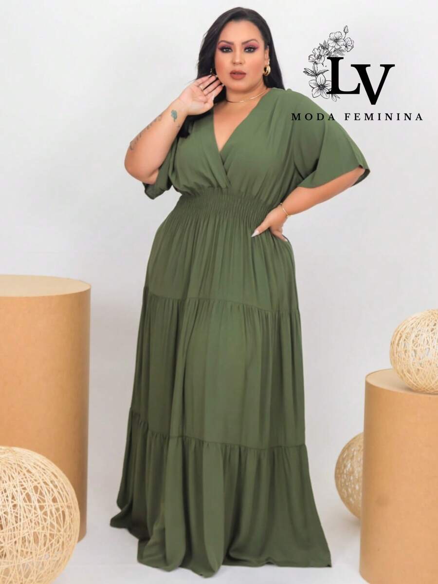 Plus Size Long Dress V Neck Short Sleeve - Army Green - View 1