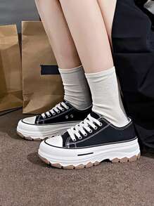 Women's White Tennis Shoes Canvas Sneakers, Women's White Casual Sports Canvas Shoes Design, Ladies Tennis Shoes, Women's High Top Sports Shoes Canvas Thick Bottom, Women's Tennis Shoes Platform Casual Sports Fashion - 黑色 - 查看 2