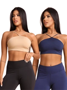 Kit 2 Top Gym Strap Fitness Cropped Zero Transparency Running Workout Clothing - 米色和海軍藍色 - 查看 2