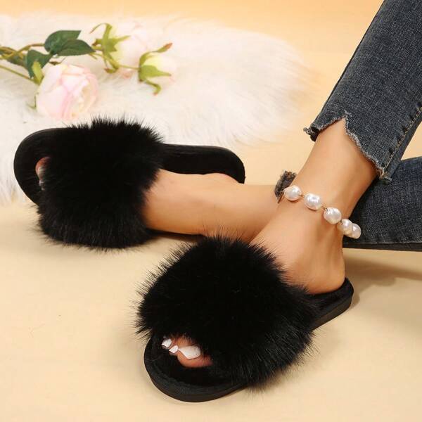 Women's Faux Fur Slippers, Comfortable & Fashionable Indoor Slippers, Non-Slip House Slippers