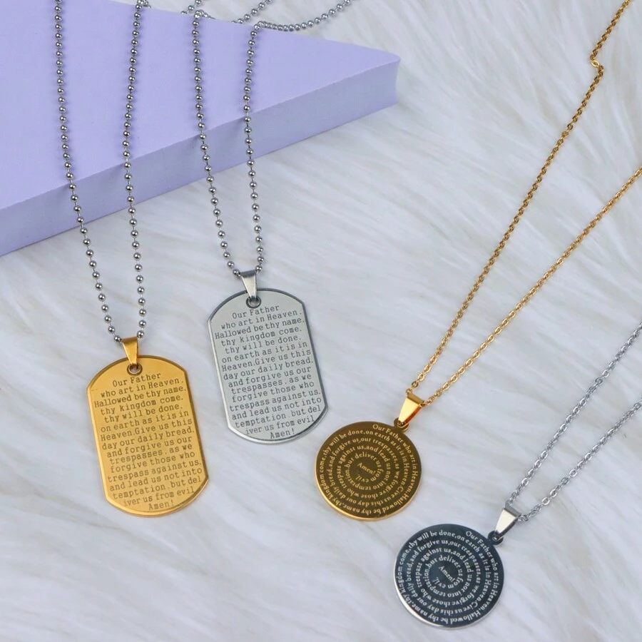Bộ 2 dây chuyền mặt tròn hình học bằng thép không gỉ thời trang dành cho nam kèm lời cầu nguyện bằng tiếng Anh - Quà tặng trang sức chất lượng cao phong cách cổ điển