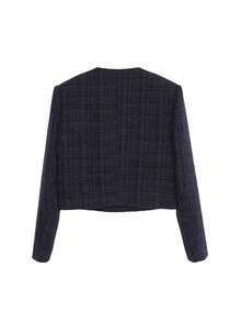 Women Front Button Long Sleeve Casual Cropped Round Neck Jacket, Autumn/Winter - Navy Blue - View 4