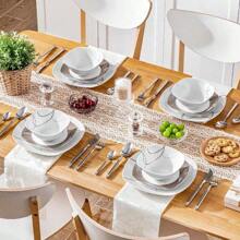 VEWEET 12 Pieces Dinnerware Set, White Set, Round And Square, Ceramic Decal, Porcelain Dinnerware, Dinner Plates, Dessert Plates And Bowls For 4 Person