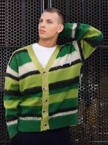 ANDREILEE Men's Striped Cardigan Long Sleeve V-Neck Sweater, Autumn/Winter - Green - View 1