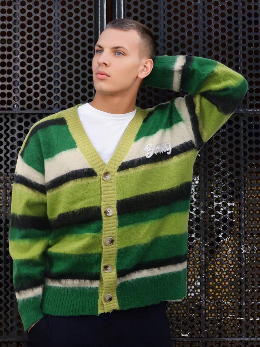 ANDREILEE Men's Striped Cardigan Long Sleeve V-Neck Sweater, Autumn/Winter - Green - View 1