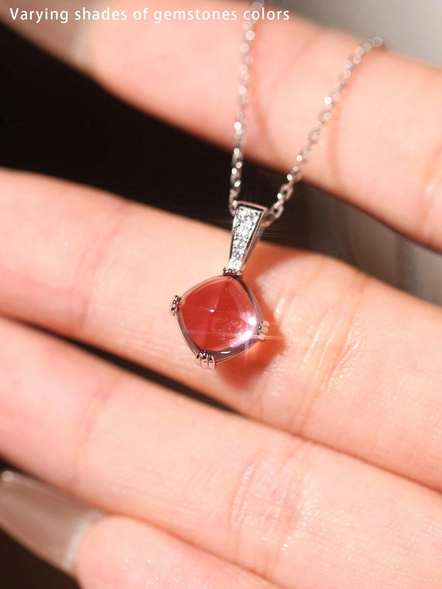 1 pieza Colgante de collar de plata de ley 925 con incrustaciones de Paprapara rosa cuadrado, de lujo de alta gama, adecuado para que las mujeres lo usen en banquetes y fiestas de noche