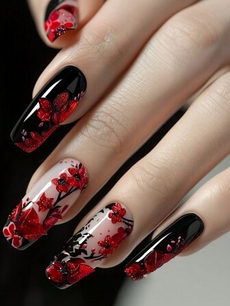 24pcs Medium Square Nail Sticker Set - Instantly Upgrade Your Nail Art! Elegant Floral Ombre Black False Nails, Beautiful Red Plum Blossom Fake Nails, Full Coverage Nail Stickers Suitable For Women And Girls. Set Includes 1 Adhesive Sticker Sheet And 1 Mini Nail File, Random Color Gel.