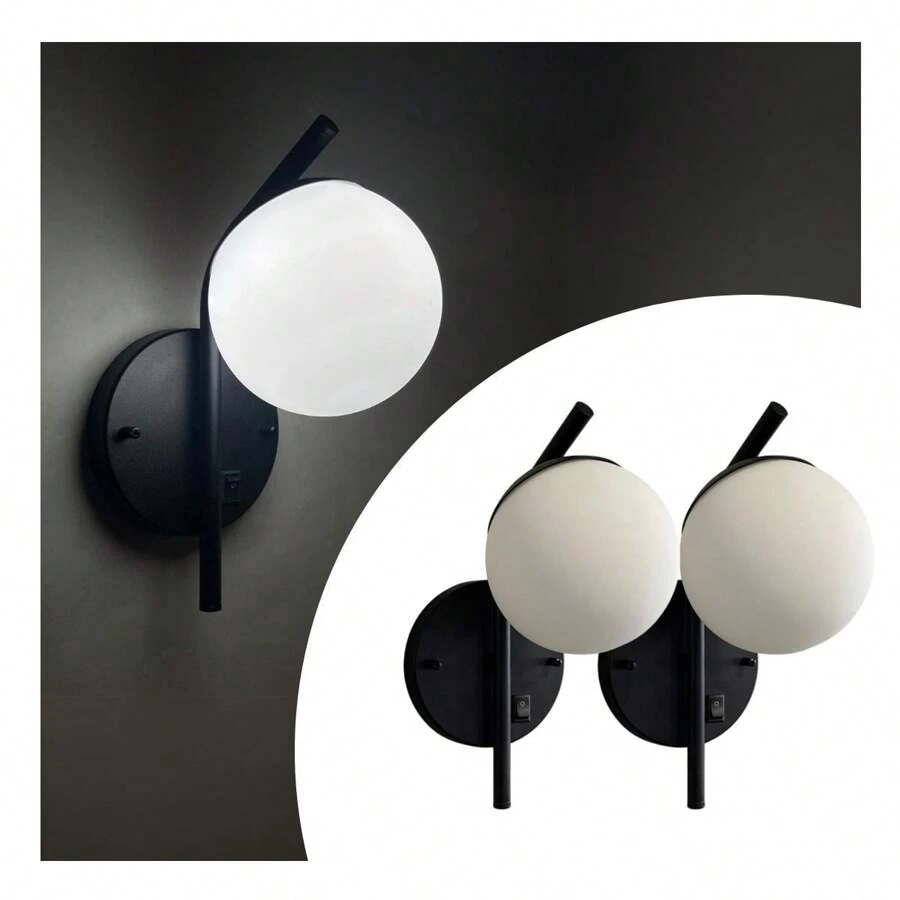 Kit 2 Black Tilted Wall Sconce In Aluminum With Frosted Glass Globe 12 Cm With Switch Socket G9 Bivolt Voltage - 黑色 - 查看 1
