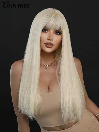 7JHH WIGS 26 Zoll lange, gerade, hellblonde Perücke für Frauen, elegante, flauschige, synthetische Perücke mit Pony, natürlich aussehend, sehr weich, hitzebeständige synthetische Faser, schöne volle Maschinen-Haarperücke für Mädchen Alltag, Anime oder Kostüm-Cosplay Dekoration, Musikfestival Party Streetwear, Muttertags-Geschenk