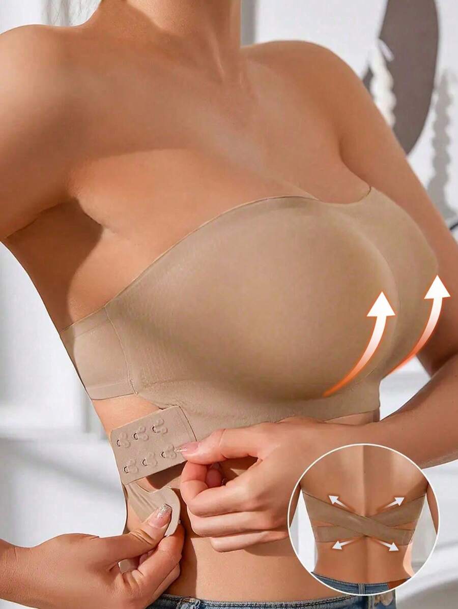 Sujetador casual, cómodo y sencillo para mujer, sin tirantes, con copa reforzada y espalda cruzada sin respaldo - Albaricoque - Ver 1