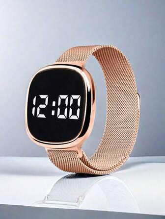 1pc Rose Gold Square Digital Display Electronic Watch/BFF Watch Magnetic Clasp Milanese Band Digital Sport Watch