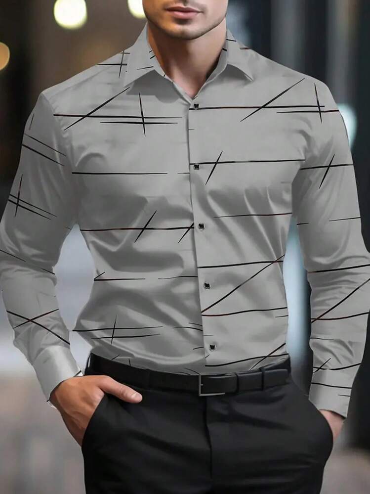 Men's Fashionable Casual Business Commuter Mandarin Collar Plain Button-Up Long Sleeve Shirt, Men's Formal Slim Fit Shirt, Men's Solid Color Foil Shirt. Suitable For Daily Wear, Work Commute, Outings, Gatherings, Can Be Paired With Suit Pants Or Suits For Parties, Weddings, Honeymoons. Can Be Given As A Gift To Son, Husband, Boyfriend, Father, For Fall - Grey - View 1