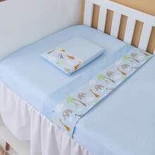 3-Piece 100% Cotton Sheet Set For American Standard Crib - 藍色野生動物園 - 查看 3