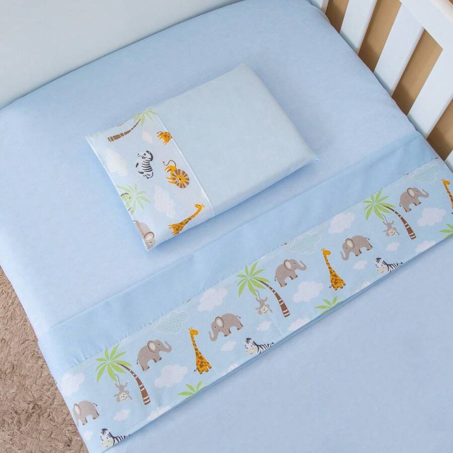 3-Piece 100% Cotton Sheet Set For American Standard Crib - 藍色野生動物園 - 查看 1