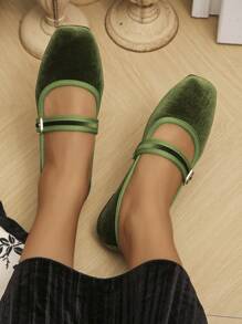 Cross-Border Trade Plus Size 35-43 Fashion Suede Square Toe Flats, Black For Everyday Wear, Purple-Red Strap For Skirts, Assorted Patterns On Toe, Spring/Autumn,Ballet Flats, Mary Janes - Green - View 4