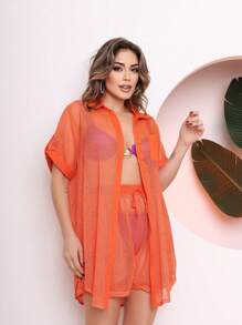 Women's Beachwear Set, Short Sleeve Shirt And Shorts With Side Pocket - trái cam - Xem 3