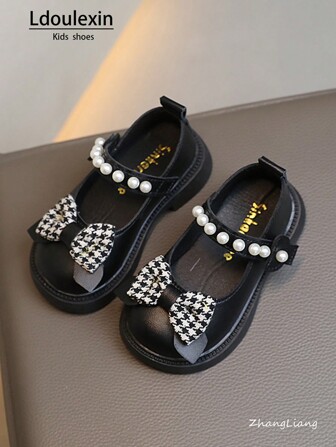 New Kids Girls Pearl & Bow Design Soft Sole Non-Slip Flat Leather Shoes, Simple & Versatile For Daily Casual Wear