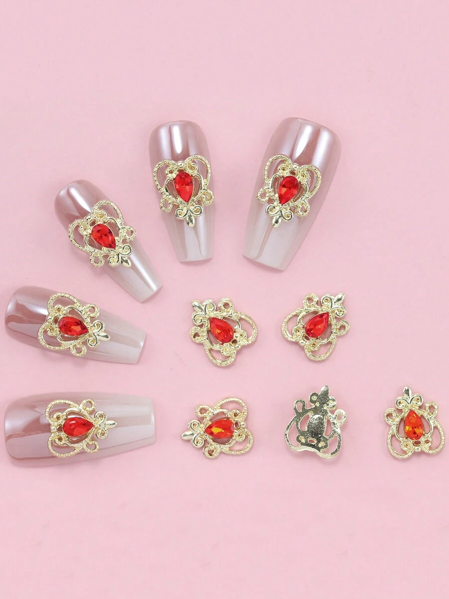 10 món phụ kiện trang trí móng tay, kiểu dáng giống như các influencer, hình trái tim rỗng 3D cổ điển phong cách Baroque, tự làm đồ trang trí móng tay. - Đỏ - Xem 1