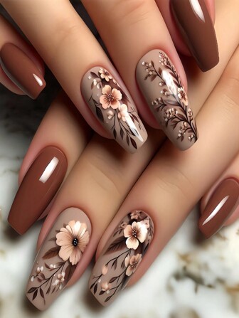 24pcs Coffin Shaped Nail Stickers Set, Instantly Upgrade Your Nail Art! Elegant And Fashionable Brown Floral, Brownish-Red Fake Nails, Beautiful Brownish-Red, Plum Brown Fake Nails, Full Coverage Nail Stickers Suitable For Women And Girls. The Set Includes 1 Sheet Of Adhesive Stickers And 1 Mini Nail File, Random Color Jelly Gel, Nail Care Accessories.
