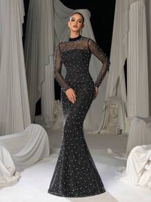 Faeriesty Pearl Embellished High Neck Fishtail Hem Formal Party Dress - Black - View 8