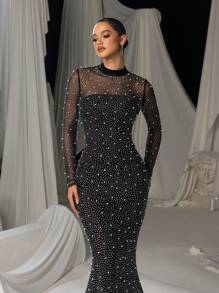 Faeriesty Pearl Embellished High Neck Fishtail Hem Formal Party Dress - Black - View 9
