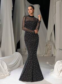 Faeriesty Pearl Embellished High Neck Fishtail Hem Formal Party Dress - Black - View 5