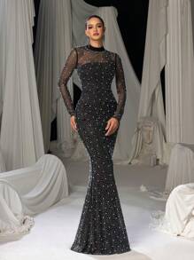 Faeriesty Pearl Embellished High Neck Fishtail Hem Formal Party Dress - Black - View 7